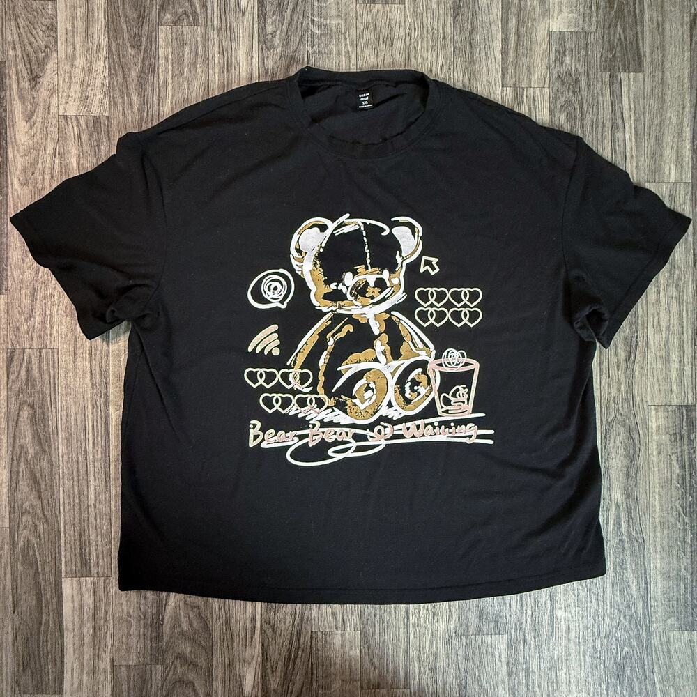 SHEIN Curve 1XL Black Graphic Tee Bear Bear Waiting Plus Size Short Sleeve Shirt